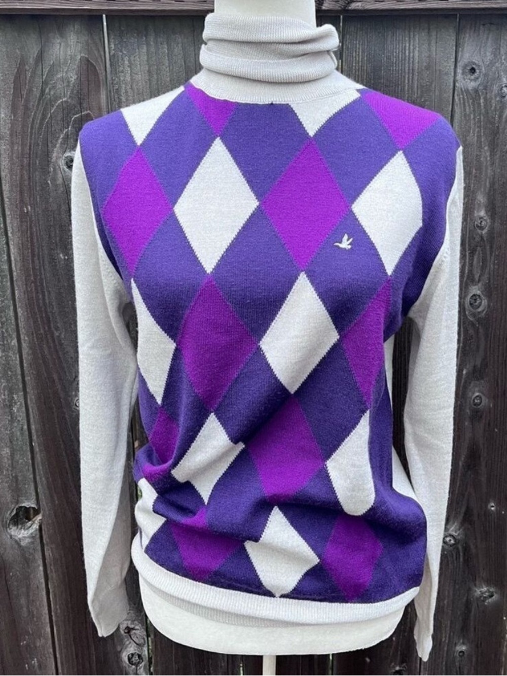 Brookfield Argyle Purple and Gray Turtleneck Sweater - Size Small
